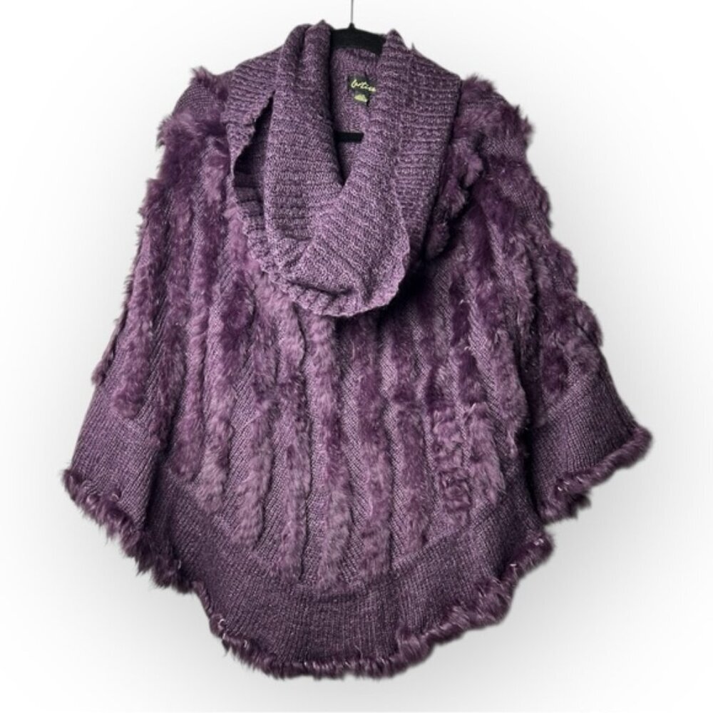 Cartise Maroon Rabbit Fur Cowl Neck Poncho L